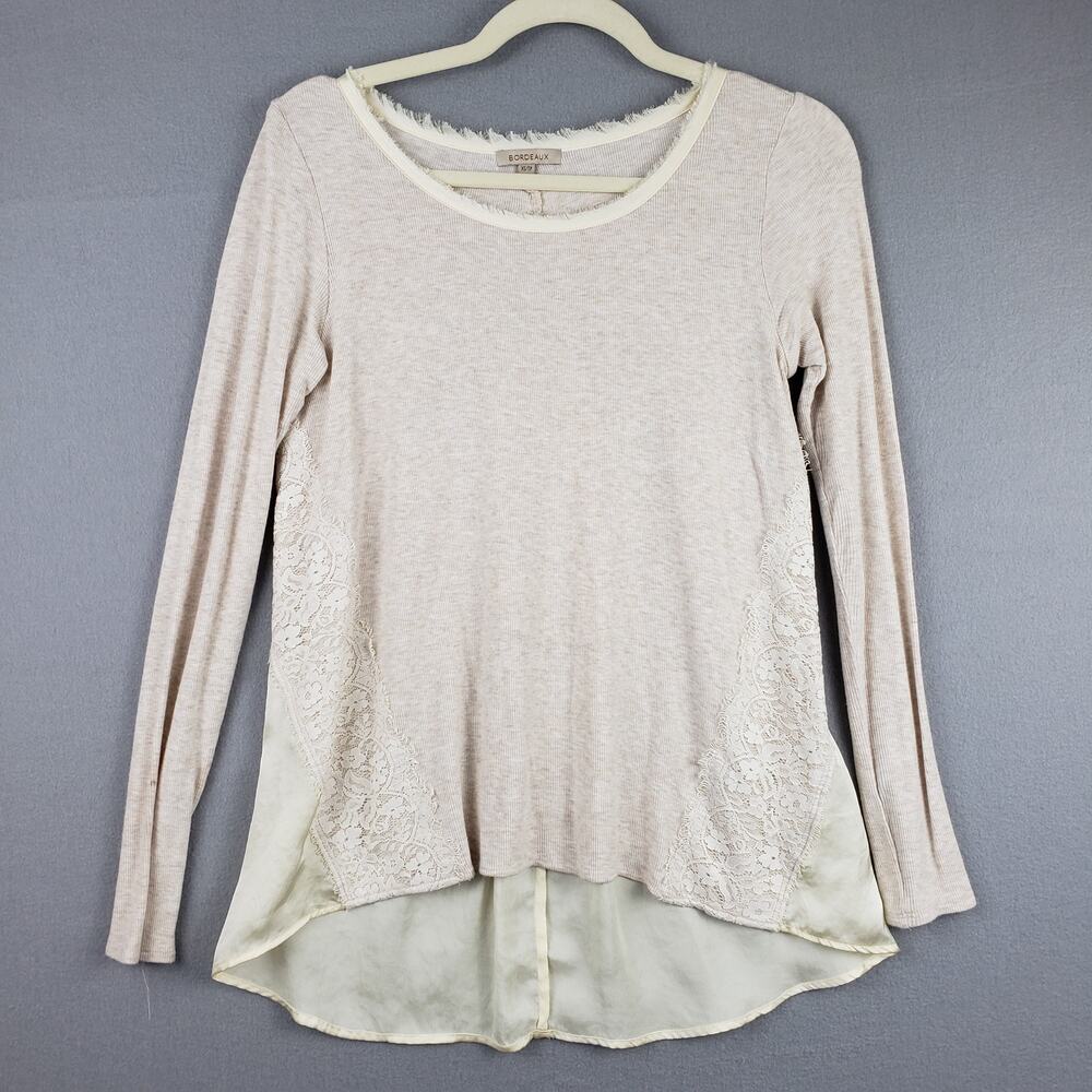 Women's XS Long Sleeve Lace Trim Henley Beige‎ Satin Romantic Cottagecore Modest